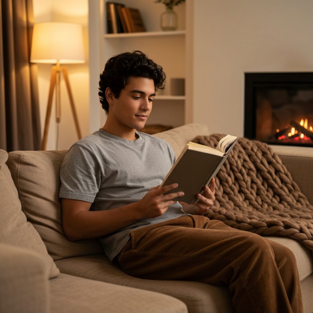 Relaxing evening moment on couch with warm blanket and peaceful lighting